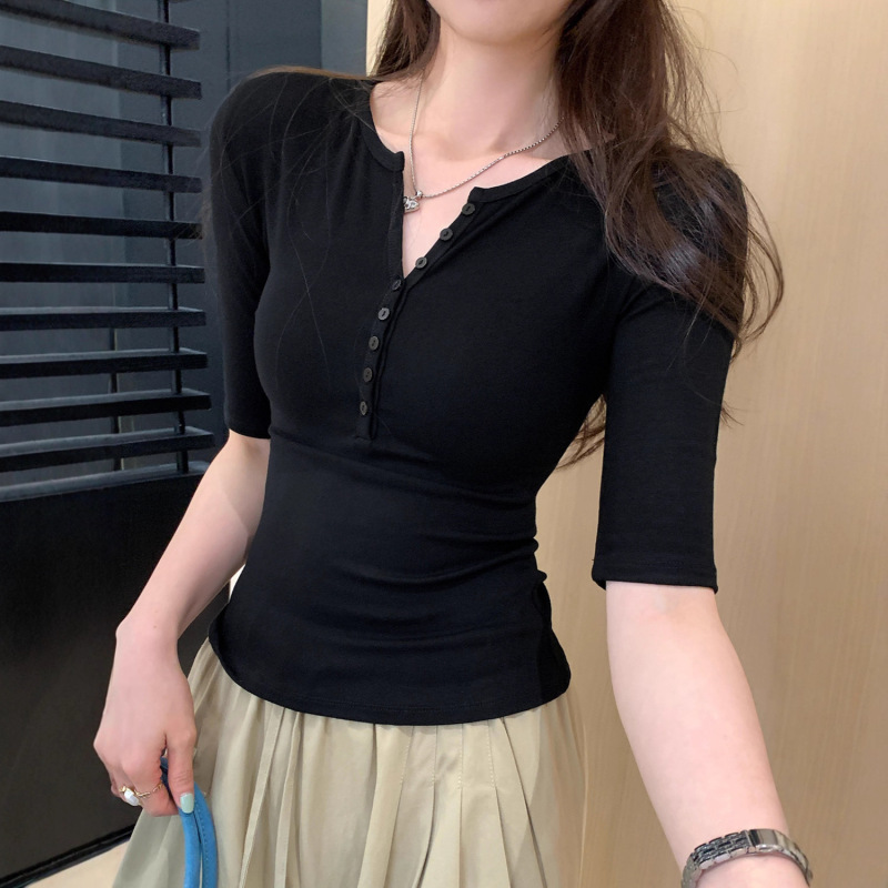 美式正肩V领紧身中袖t恤女2025夏季纯欲修身显瘦气质内搭辣妹上衣|undefined