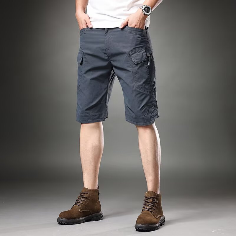 Men's Multi-Pocket Straight Cargo Casual Pants Outdoor Training Tactical Pants Youth Elastic Waist Cropped Shorts