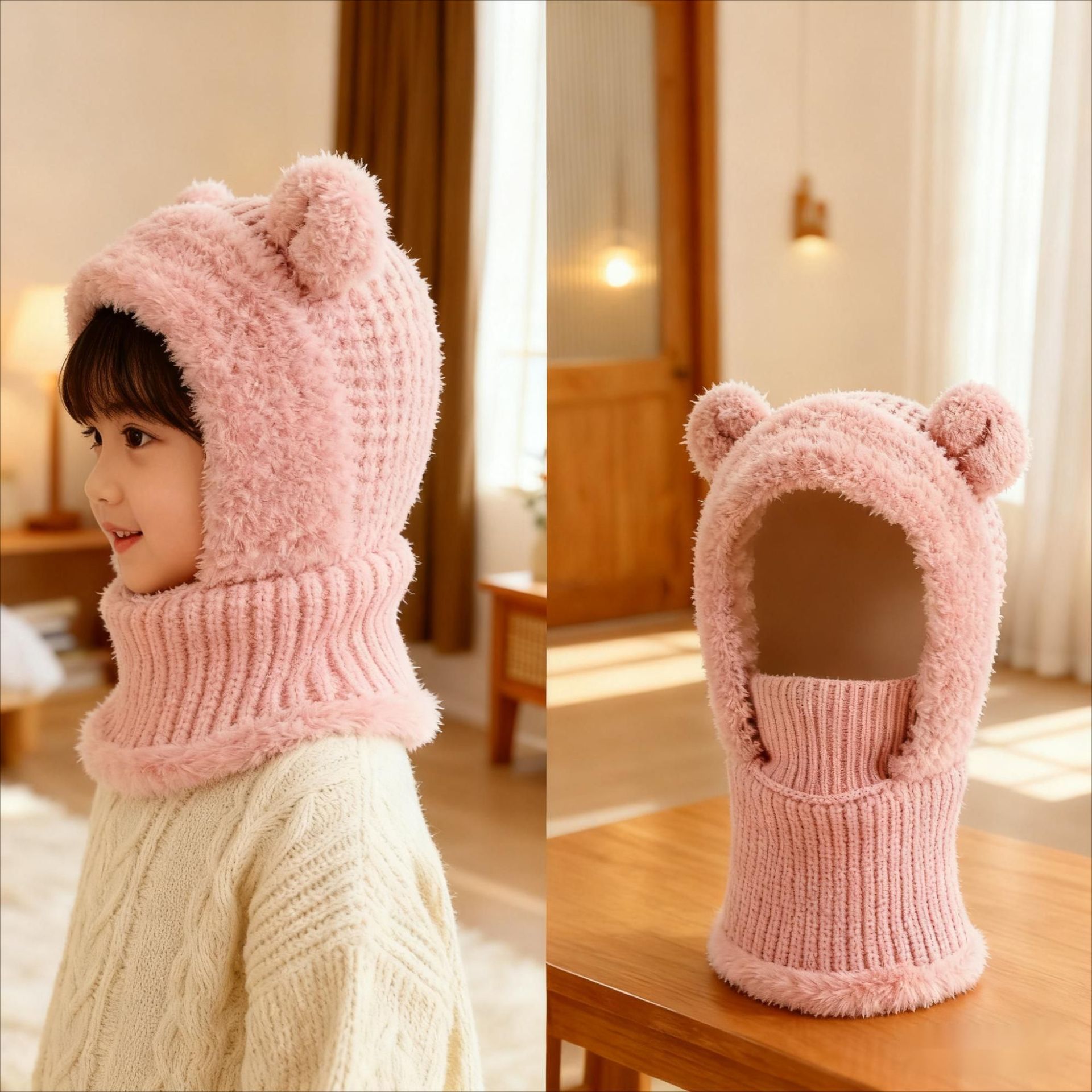 儿童冬季保暖针织帽卡通小熊护耳围脖一体帽男女童加绒毛线帽