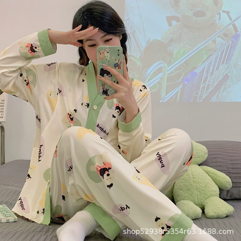 Пижамы для беременных Весна-Осень Одежда для содержания из чистого хлопка тонкая Послеродовая сидячая месяц 2-3 Пижама для кормящих мам