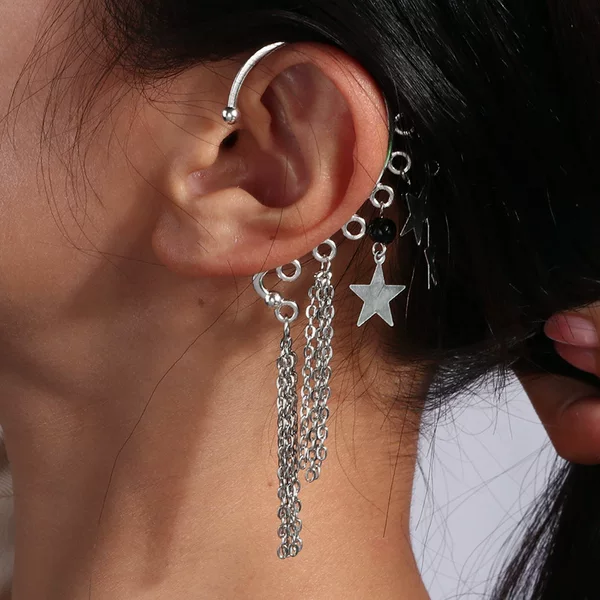 New European and American cross-border fashion jewelry: stylish chain tassel star earrings with unique trendy design and pentagram pendant