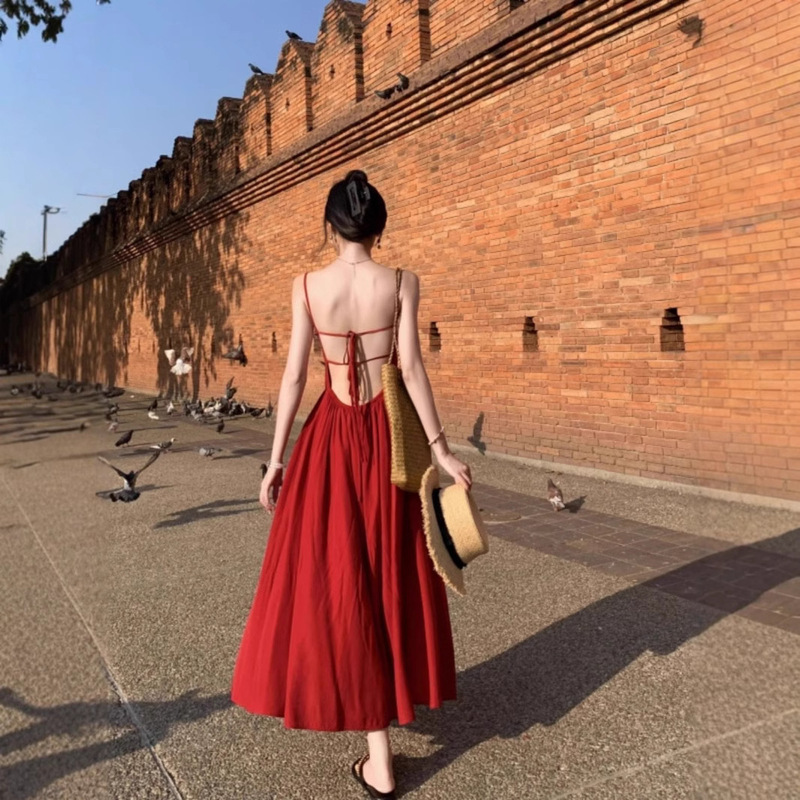 Thailand Holiday Red Backless Sling dress Women's Seaside Travel Wear Suit for Photography High-end Summer Dress