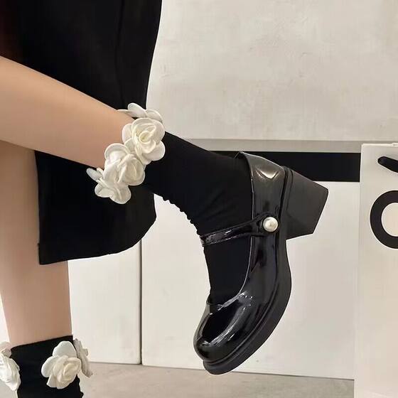 New French Style Retro Mary Jane Single Shoes Round Toe Square Heel High Thick Heel Height Increasing Small Leather Shoes Women's Velcro Retro