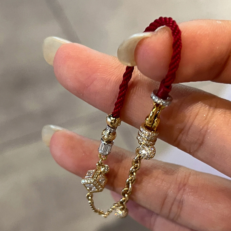 Trendy Red Sugar Cube Full Diamond Red Braided Rope Bracelet Luxury Fashion Hand Rope Exquisite Niche Dropshipping