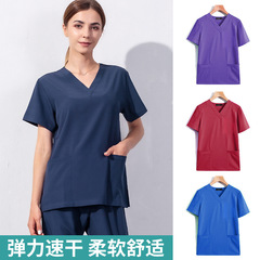 Women's Elastic Surgical Scrub Top Short-Sleeve Oral Doctor Workplace Beauty Salon Operating Room Scrub Suit Clinic Nurse Uniform Set