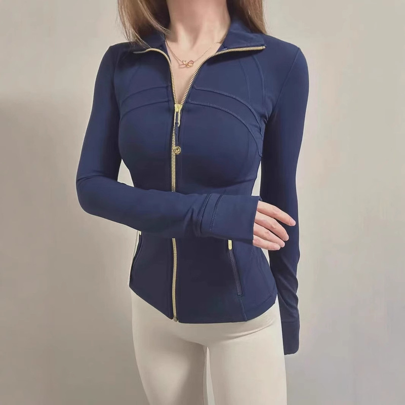 Yoga-Style Top, Navy Blue Stand-Up Collar Jacket, Slim Fit, Gold Zipper, Yoga Wear, Women's Jacket