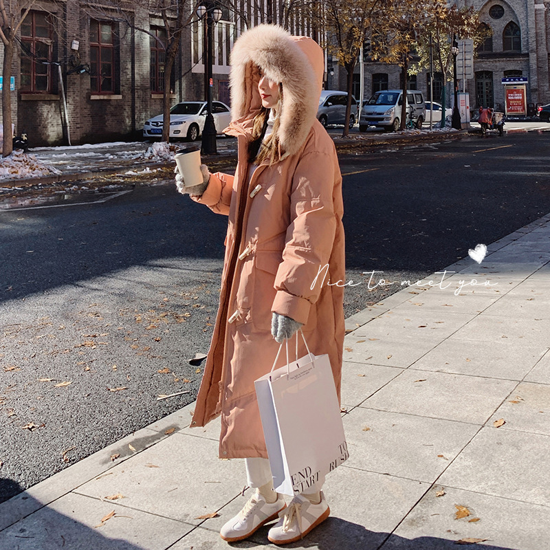 Real Shot of 2025 Korean Style Gentle Long Oversize90 White Duck down Jacket Women's Winter Hooded Large Fur Collar Jacket