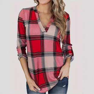 2025 European and American New Wish Amazon Plus Size Women's Tops Plaid Print V Neck Long-Sleeved Plaid Tops