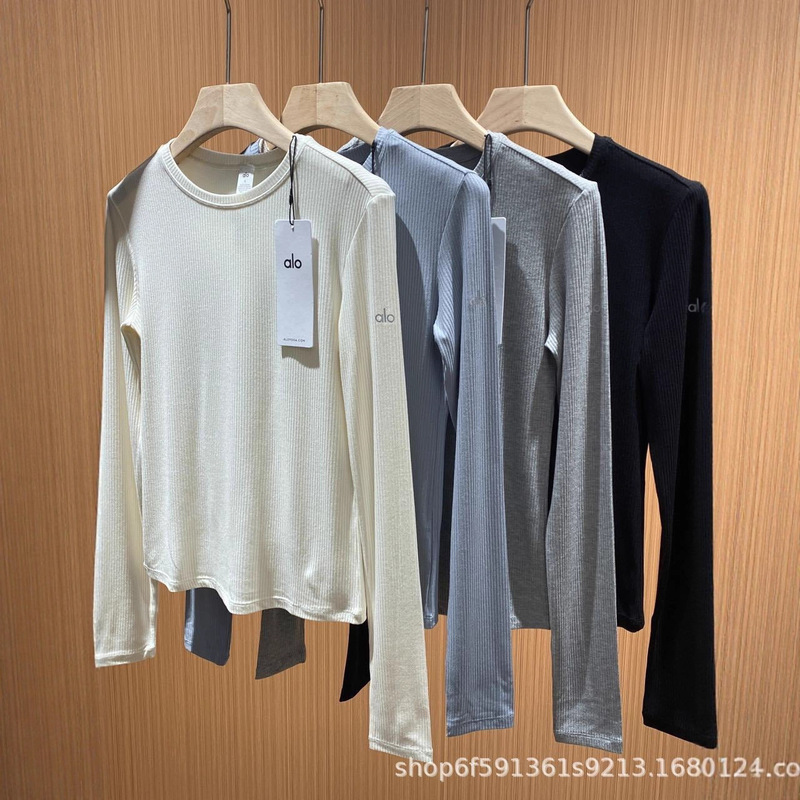 In-Stock Alo Pilates Long-Sleeve Pure Cotton Base Shirt T-Shirt for Women, Sports Elastic Ribbed Fitness Training Yoga Top