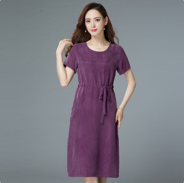 Loose Heavyweight Cupro Silk Waist-Cinching Dress for Women, 2025 Summer New Style, Silk Short-Sleeve Plus-Size Elegant Solid Color Long Dress