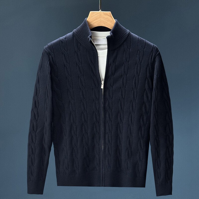 Autumn and Winter New Style Twist Texture Stand Collar Knitted Cardigan for Men, Slim Fit Solid Color Zipper Old Money Style Sweater Warm Jacket Autumn and Winter New Style Twist Texture Stand Collar Knitted Cardigan for Men, Slim Fit Solid Color Zipper Old Money Style Sweater Warm Jacket