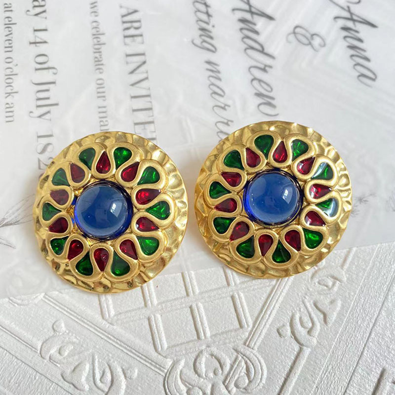 Vintage Style Round Alloy Plating Inlay Artificial Gemstones Women's Ear Studs 1 Pair display picture 4
