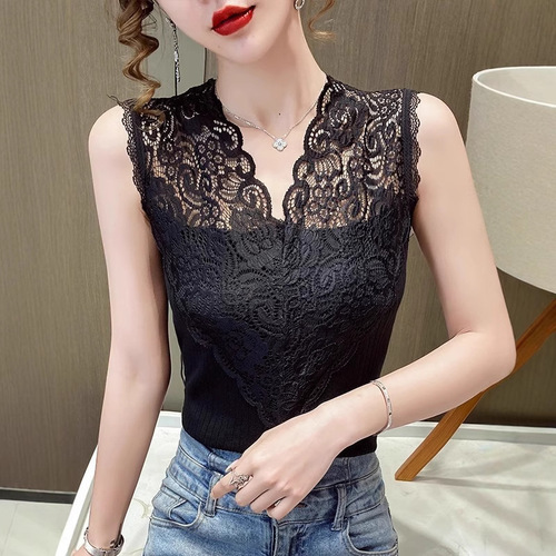 Curve-beaded Ice Silk Spring/Summer Knitted Camisole for Women: French-style V-neck Lace, Slimming, and Chic Sleeveless Top