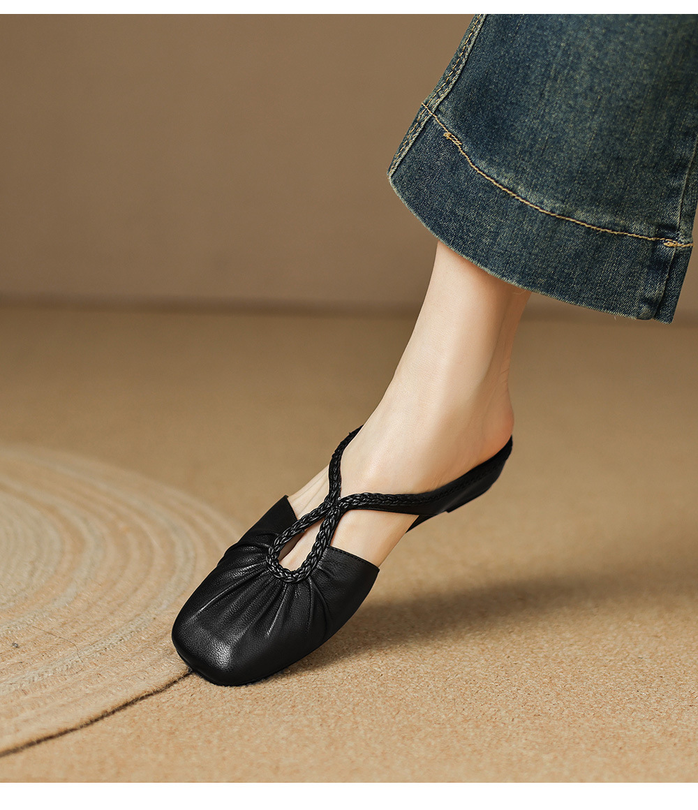 Dép sandal nữ quai chữ V đế bệt mũi tròn phong cách đơn giản — đen chi tiết 16