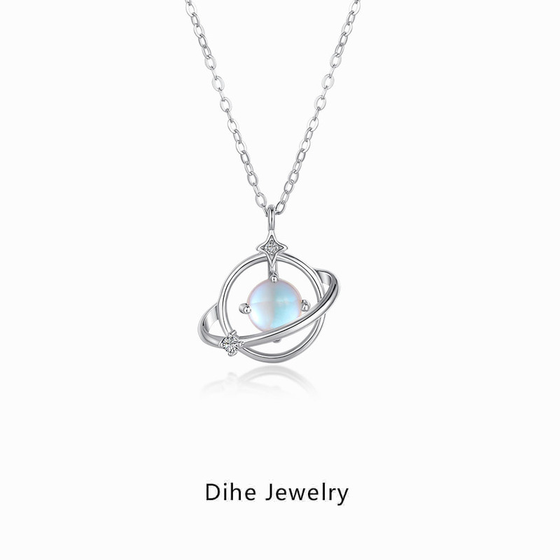 Live-Stream Hot-Selling S925 Sterling Silver Necklace for Women, Planet Design, Moonstone, Exquisite Expression of Personality, Women's Clavicle Chain, Direct Sale