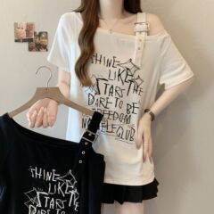 大きいサイズのアメリカンファッションオフショルダー半袖Tシャツ女性用夏の新しいスタイルファットmmルーズスリミングカバーアップカジュアルトップ女性用