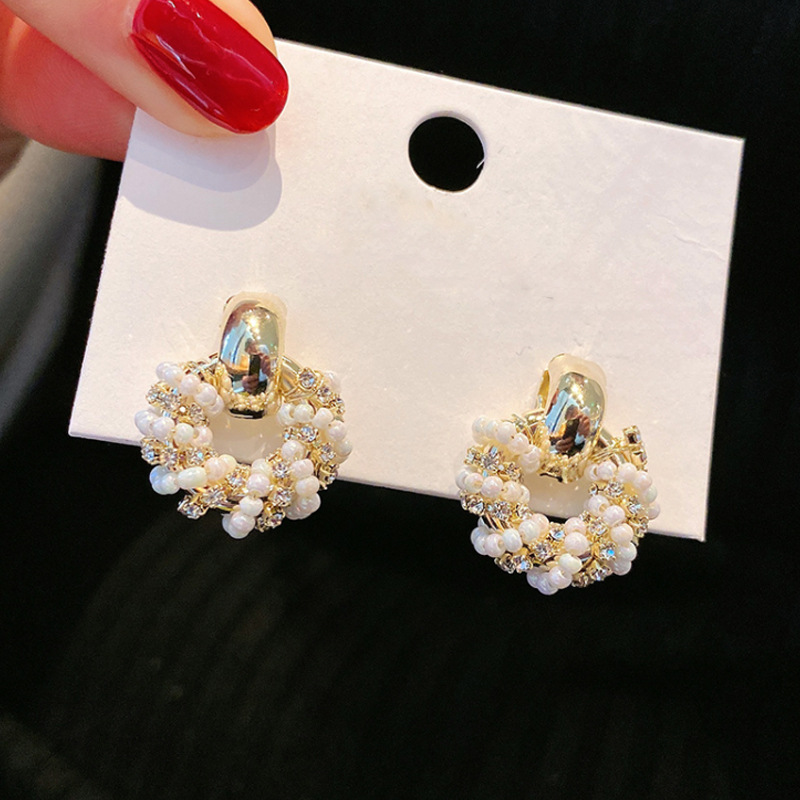 s925银针日韩气质网红法式复古手工编织珍珠耳环冷淡风耳钉耳饰|ru