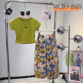 女童短袖套装2024夏季新款儿童洋气T恤油画休闲防蚊裤两件套韩版