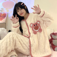 新秋冬季法兰绒 提花麻花绒睡衣女长袖长裤开衫V领厚款家居服套装