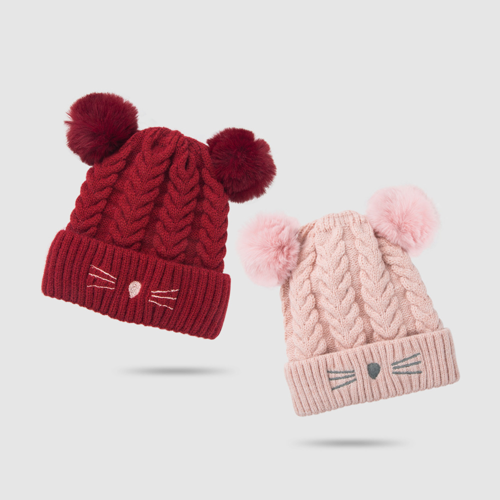 2021 New Baby Hat Autumn And Winter Cute Fleece Lined Warm Cartoon Fur Ball Woolen Cap Children Baby Knit Hat display picture 2