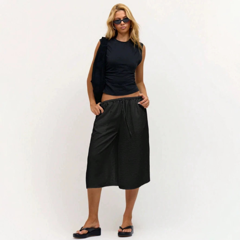 Cross-border foreign trade women's casual solid color cropped wide-leg pants with elastic drawstring and pockets for everyday wear Cross-border foreign trade women's casual solid color cropped wide-leg pants with elastic drawstring and pockets for everyday wear