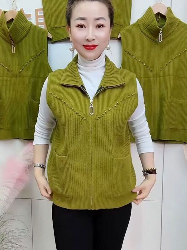 2025 New Style Beaded Knitted Vest Jacket for Women Spring & Fall Loose Zipper Young Mother's Top Cardigan