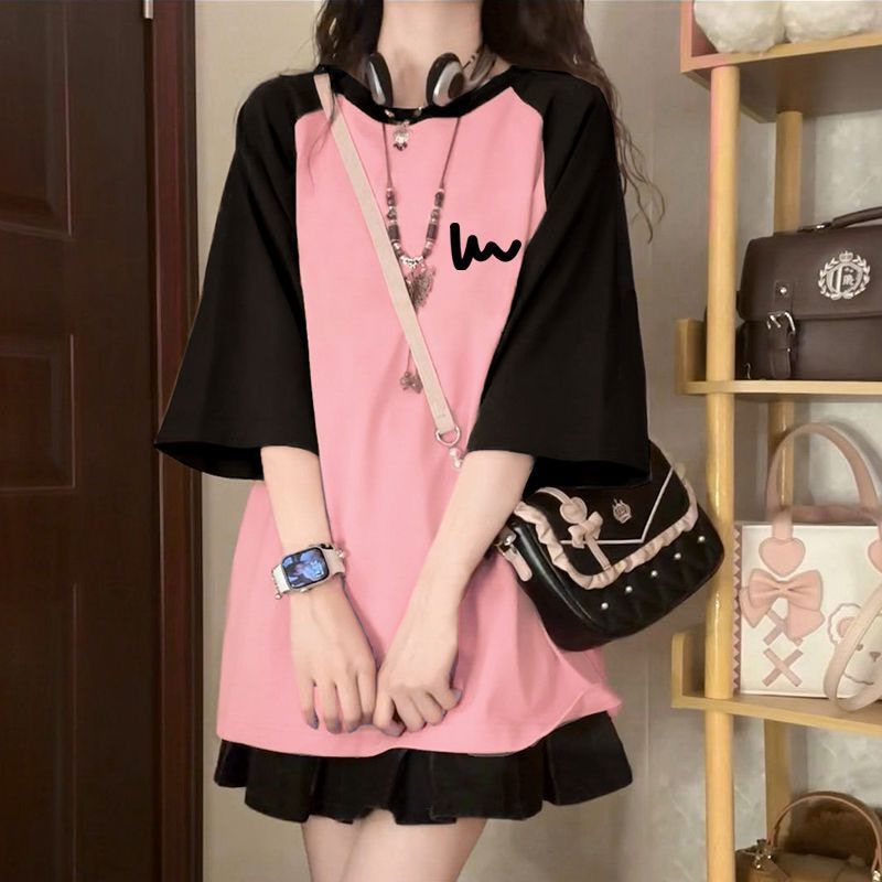 WV 블랙과 핑크 반팔 + 블랙 스커트 [안전바지 포함, 고품질]