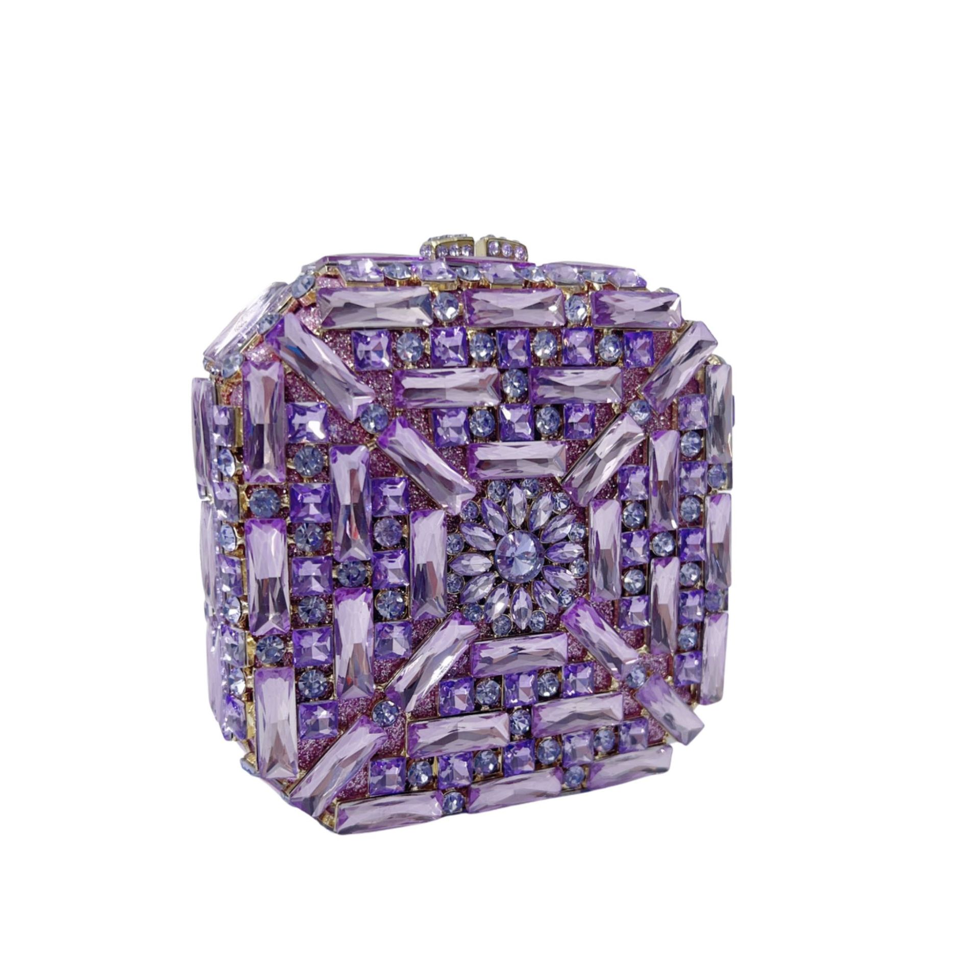 Túi clutch dạ tiệc hộp vuông nhỏ đính đá lấp lánh — Hoa violet, Màu hồng, Màu bạc, Màu xanh ngọc chi tiết 3