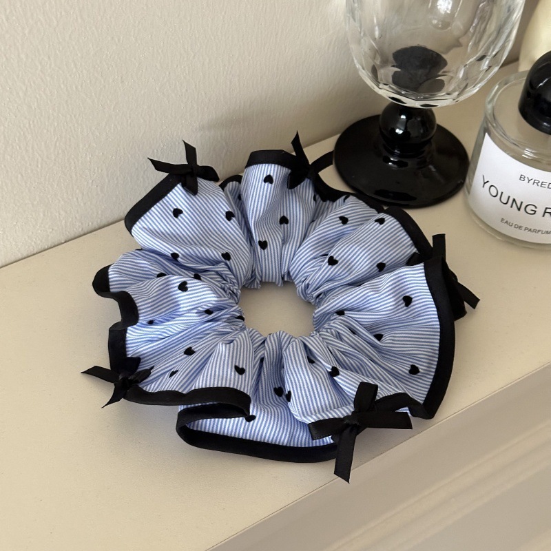 Gravata listrada azul estilo coreano, scrunchie franzido em formato de coração de alta qualidade, acessório de cabelo versátil e elegante para rabo de cavalo._voghion.com