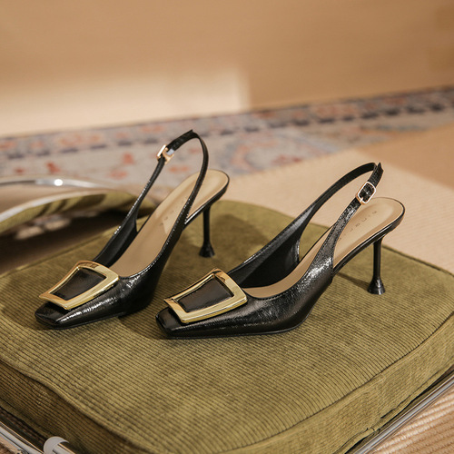 79901 [Sheepskin] Square Toe High Heels Women's Thin Heels 2024 Summer New Style Baotou Square Buckle Sandals