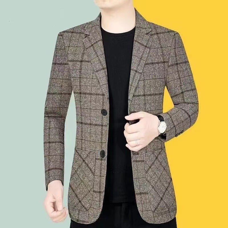 New Autumn and Winter Business Casual Suit Jacket Men's Spring and Autumn Middle-aged Men's High-end Plaid Suit Korean Fashionable