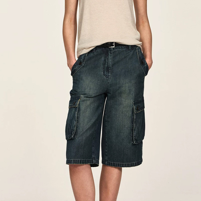 Alrigh Cotton Slub Texture Retro Frayed Mid-Low Waist Six-Point Workwear Straight-Leg Jeans for Women, Versatile for Summer