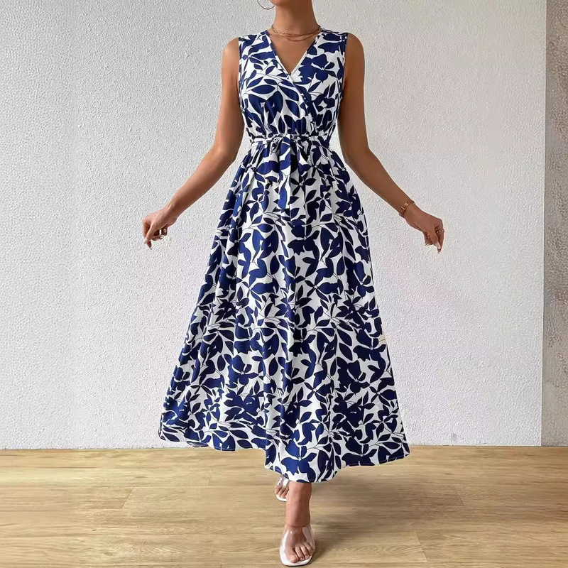 European and American Cross-Border 2026 New Elegant Women's French Resort Style Printed V-Neck Tie-Up Maxi Dress