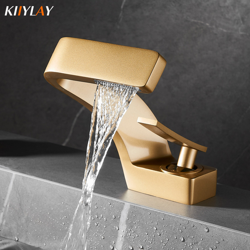 All Copper Basin Faucet Light Luxury Golden Creative Waterfall Household Single Hole Wash Basin Wash Basin Cold and Hot