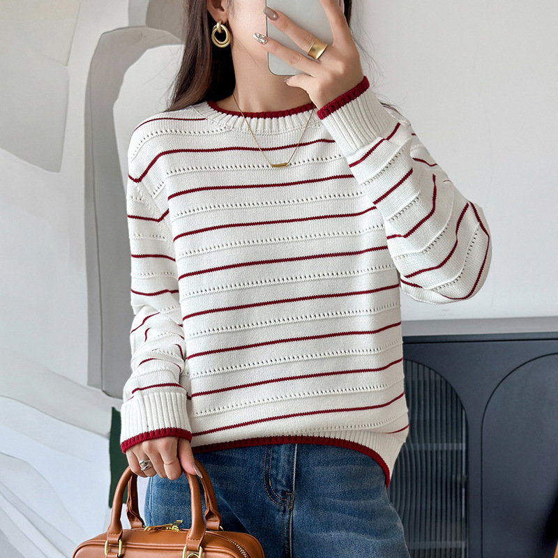 Autumn and Winter Large Size Lazy Style Striped Hollow-Out Cotton Knit Sweater Loose Round Neck Long-Sleeve Base Shirt Wholesale Autumn and Winter Large Size Lazy Style Striped Hollow-Out Cotton Knit Sweater Loose Round Neck Long-Sleeve Base Shirt Wholesale