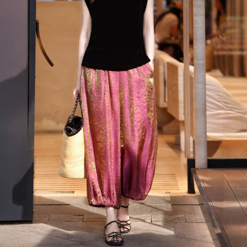 New Chinese-Style Rayon Shimmering Brocade Slimming Lantern Pants Fabric with a Stiff and Drapey Feel, Super Breathable and Cool Casual Pants for Summer