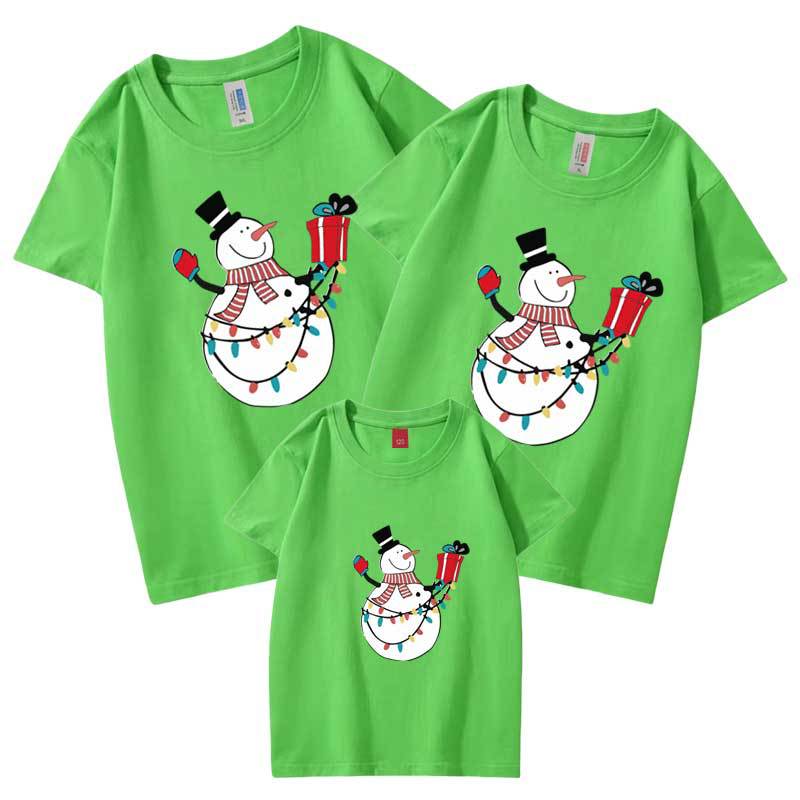 Día de Año Nuevo Navidad Muñeco de nieve autoproducido y vendido algodón refinado ropa para padres e hijos de venta rápida ropa para niños manga corta cuello redondo Camiseta al por mayor familia