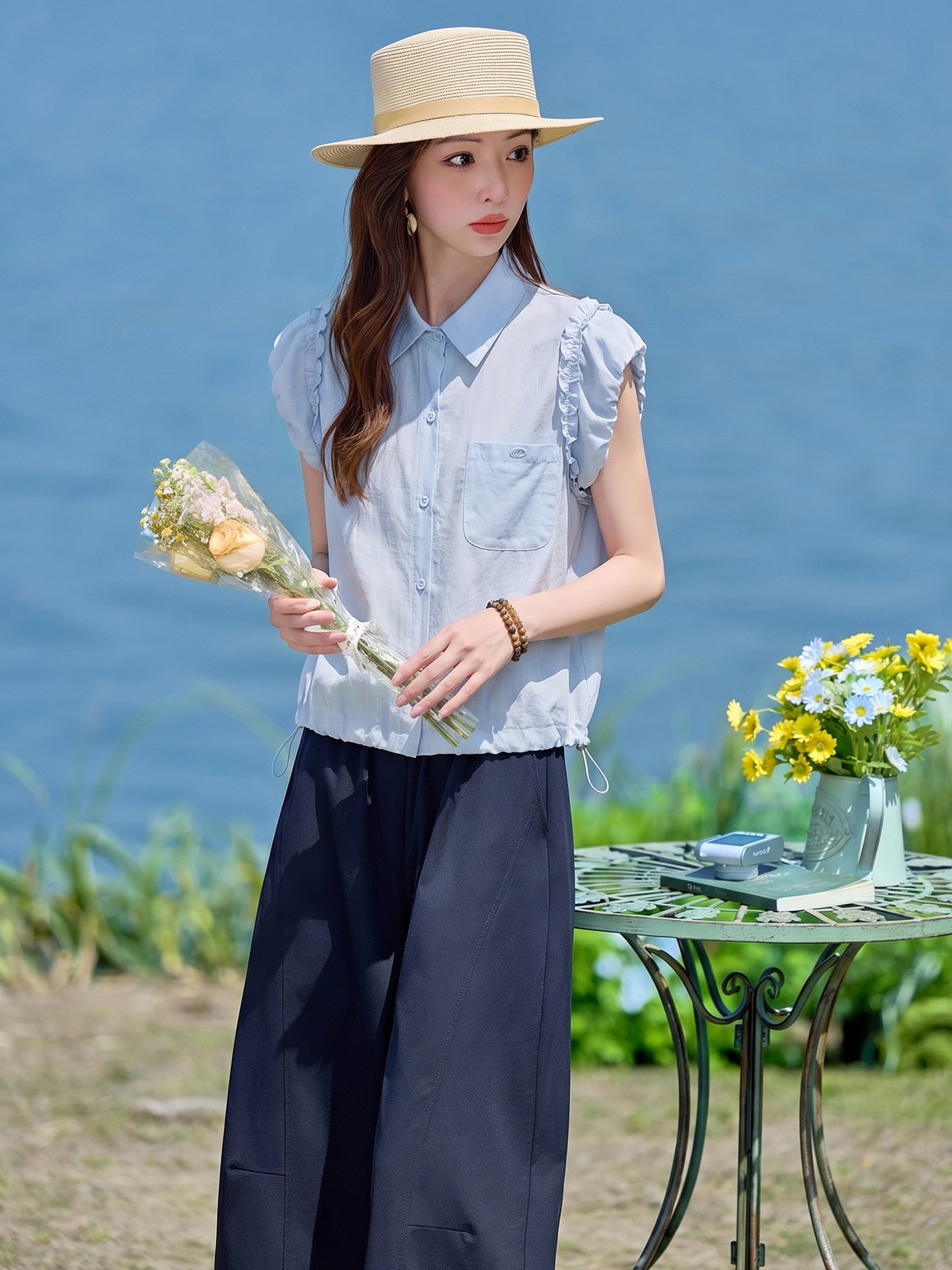 Bộ sơ mi tay dài kết hợp quần ống rộng nữ cao cấp LU9166 — Màu ảnh