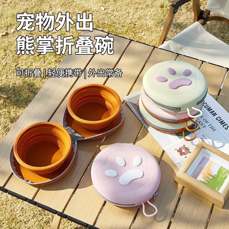 Outdoor Portable Dog Bowl and Cat Bowl Double Bowl Anti-Knock over Dog Food Bowl Dog Bowl Cat Water Bowl Silicone Pet Supplies