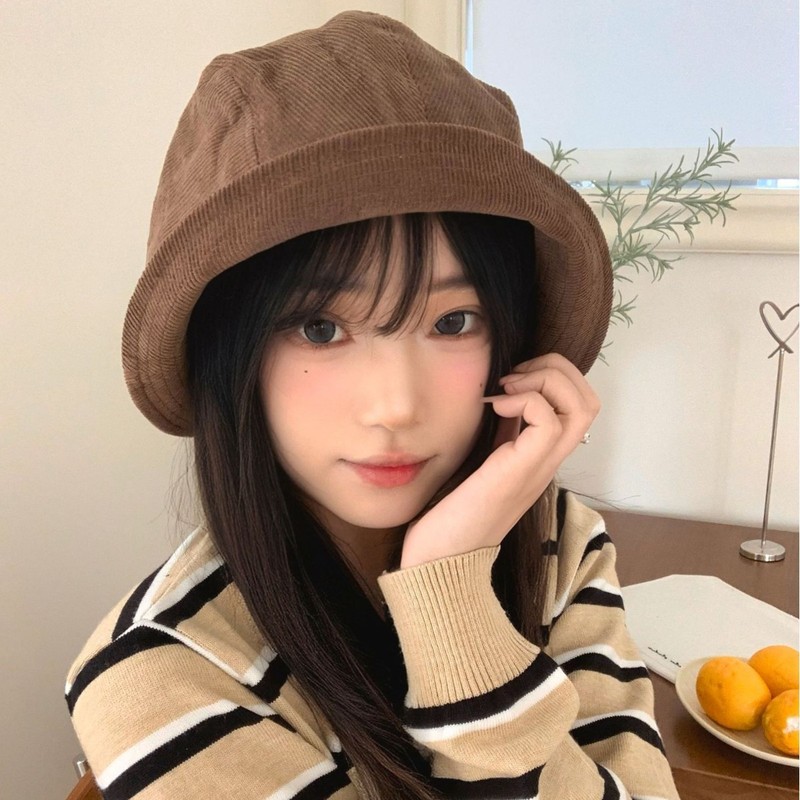 早秋复古棕色灯芯绒渔夫帽女百搭显脸小素颜遮脸盆帽美拉德风帽子|undefined