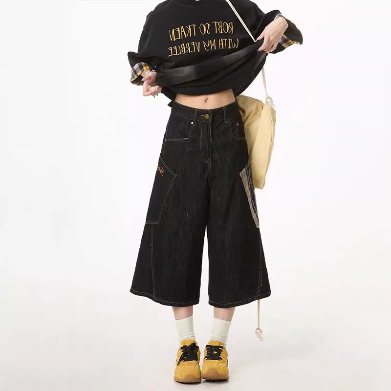 American-Style Plaid Patchwork Large Pocket Cargo Denim Cropped Pants Unisex Summer Trendy Loose Wide-Leg Casual Shorts