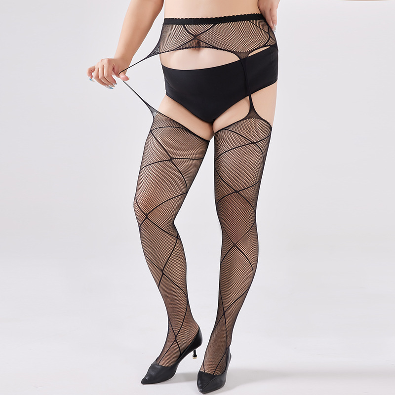Large Size Suspender Fishnet Stockings Rhombus Black Silk Hollow No-Take-Off Sexy Mesh High Waist One-Piece Suspender Stockings