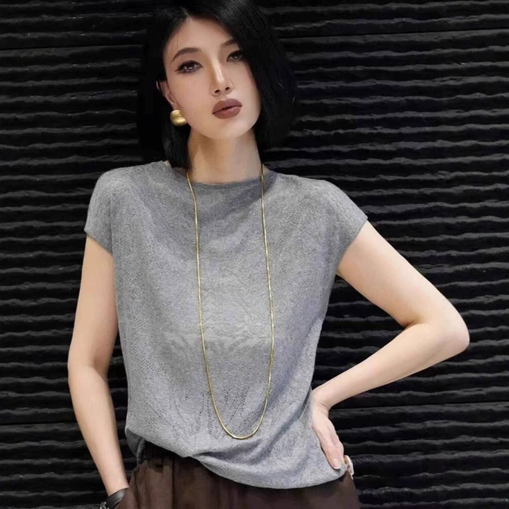 Áo thun nữ ngắn tay cổ tròn chất liệu jacquard, thiết kế vai rã, phong cách Hàn Quốc — Màu cà phê chi tiết 2