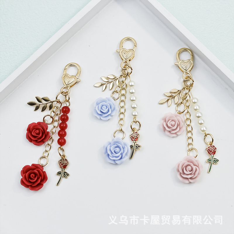 Ins Japanese Rose Resin Camellia Alloy Door Buckle Car Keychain Accessories U Disk Hanging Car Pendant