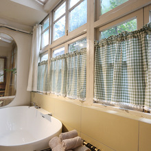 清新格子窗帘美式半遮光半帘免打孔门帘棉布可钉制穿杆粘贴挂钩LD