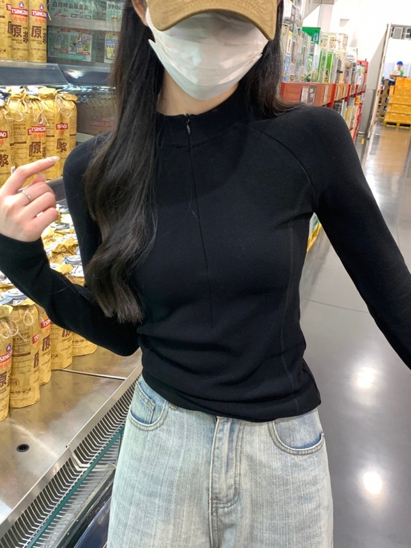 加厚加绒紧身拉链打底衫女2025新款秋冬长袖立领短款内搭T恤上衣|undefined