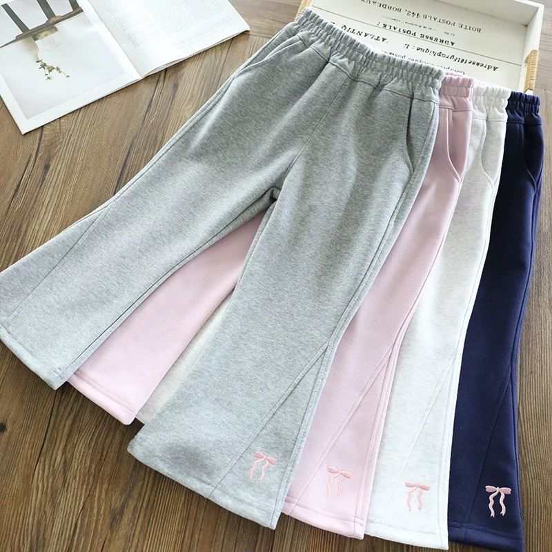 Embroidered Casual Long Pants for Girls, Loose Flared Pants, Solid Color Pants for Baby Girls, Versatile Fashion for Spring and Autumn