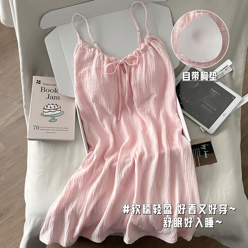 Baby Cotton Gauze Suspender Nightgown for Women with Breast Pads, Summer Sweet, Simple and Comfortable, Pure Lust Style, Anti-Bump Home Clothes