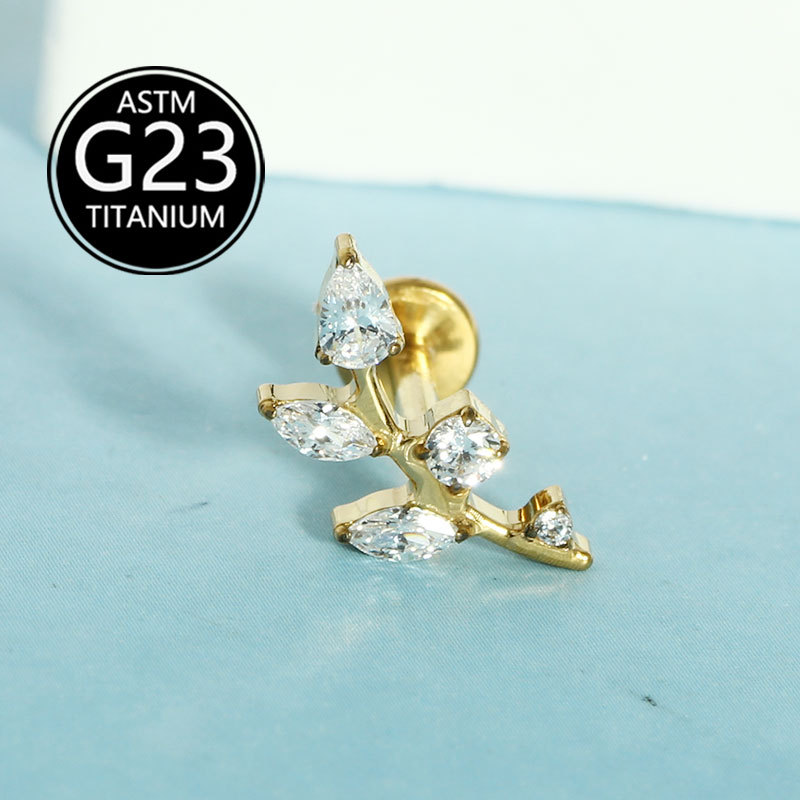 G23 Titanium Alloy Lip Piercing Jewelry with Diamond Leaf Drop-Shaped Zircon Labret Stud, Sold Individually detail image 8