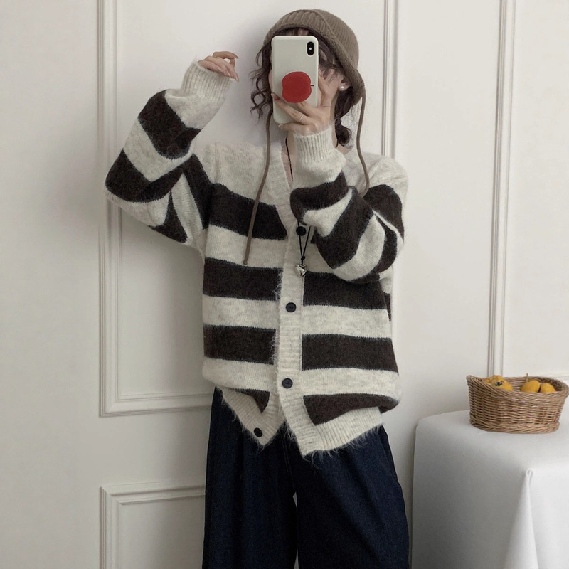 复古撞色宽条纹V领针织开衫女秋冬新款慵懒宽松软糯毛衣外套上衣|undefined